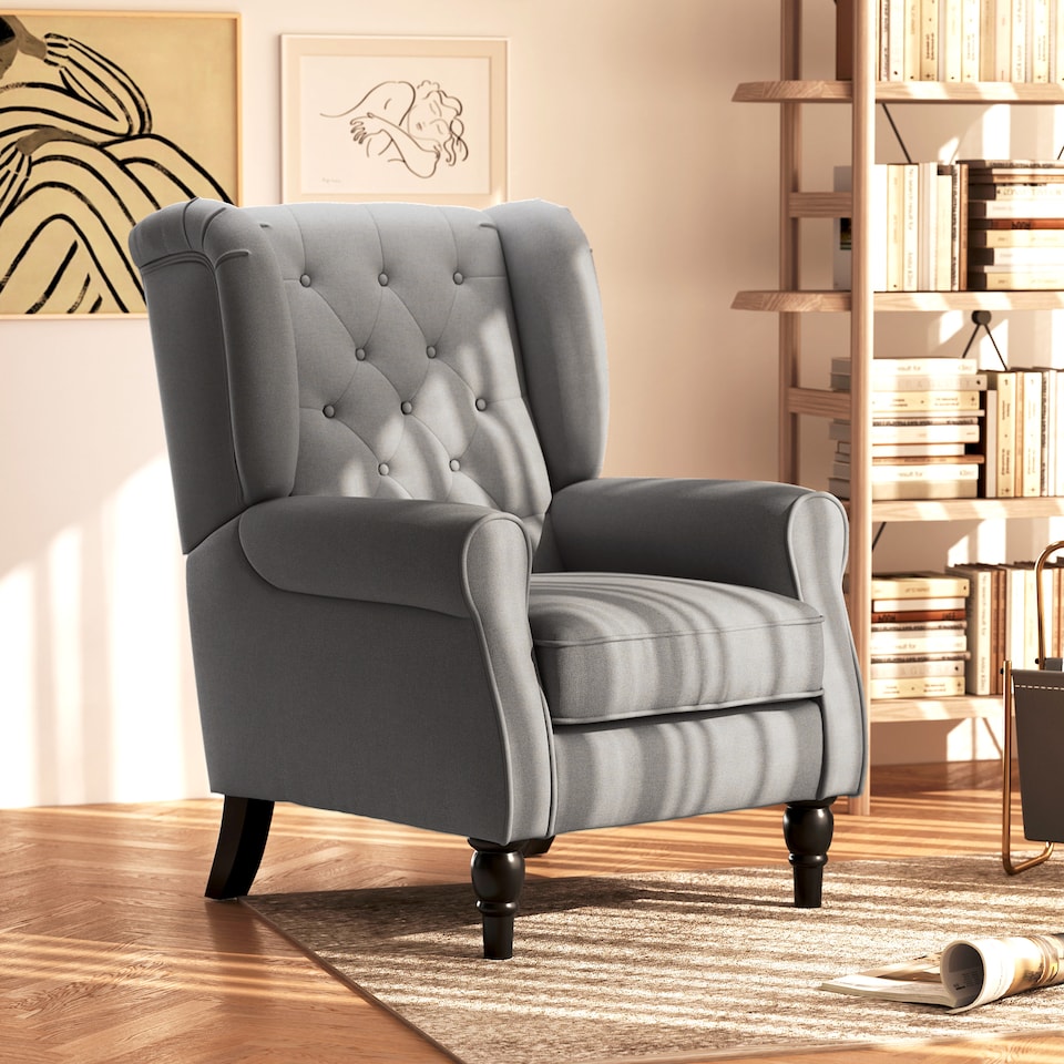 image 1 of HOMCOM Retro Accent Chair, Snow Flannel Wingback Armchair with Wood Frame Button Tufted Design for Living Room Bedroom, Dark Grey