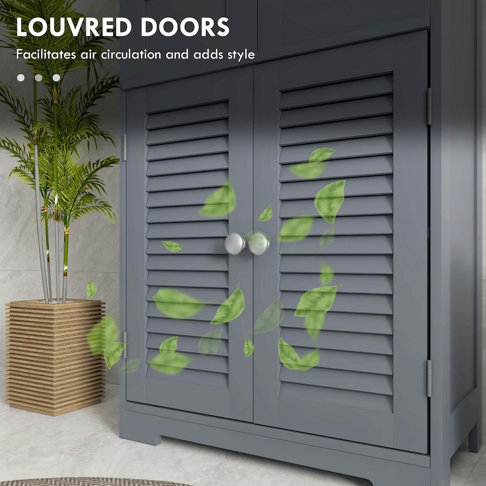 image 1 of kleankin Free Standing Bathroom Storage Cabinet with Louvred Doors, 2 Drawers, Grey