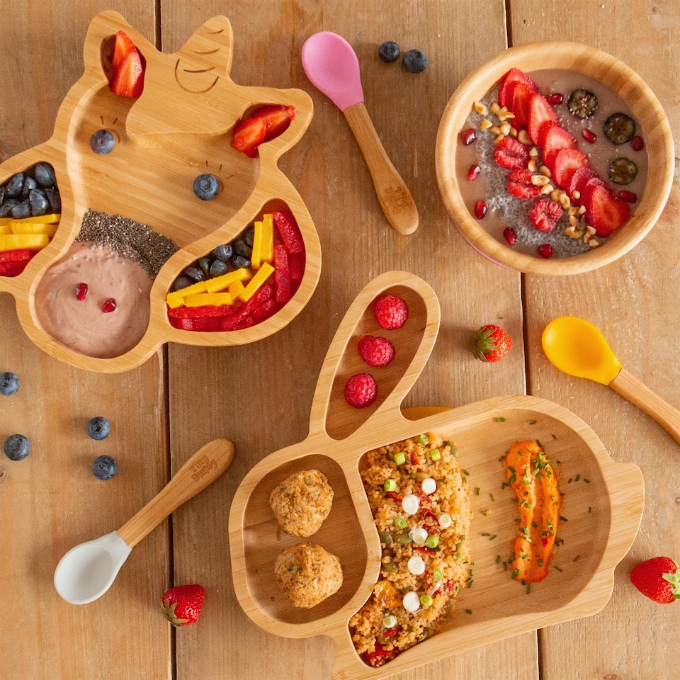 image 1 of Tiny Dining Bamboo Silicone Tip Fork & Spoon Set - Cherry - Children's Baby Toddler Soft Curved Feeding Weaning Cutlery