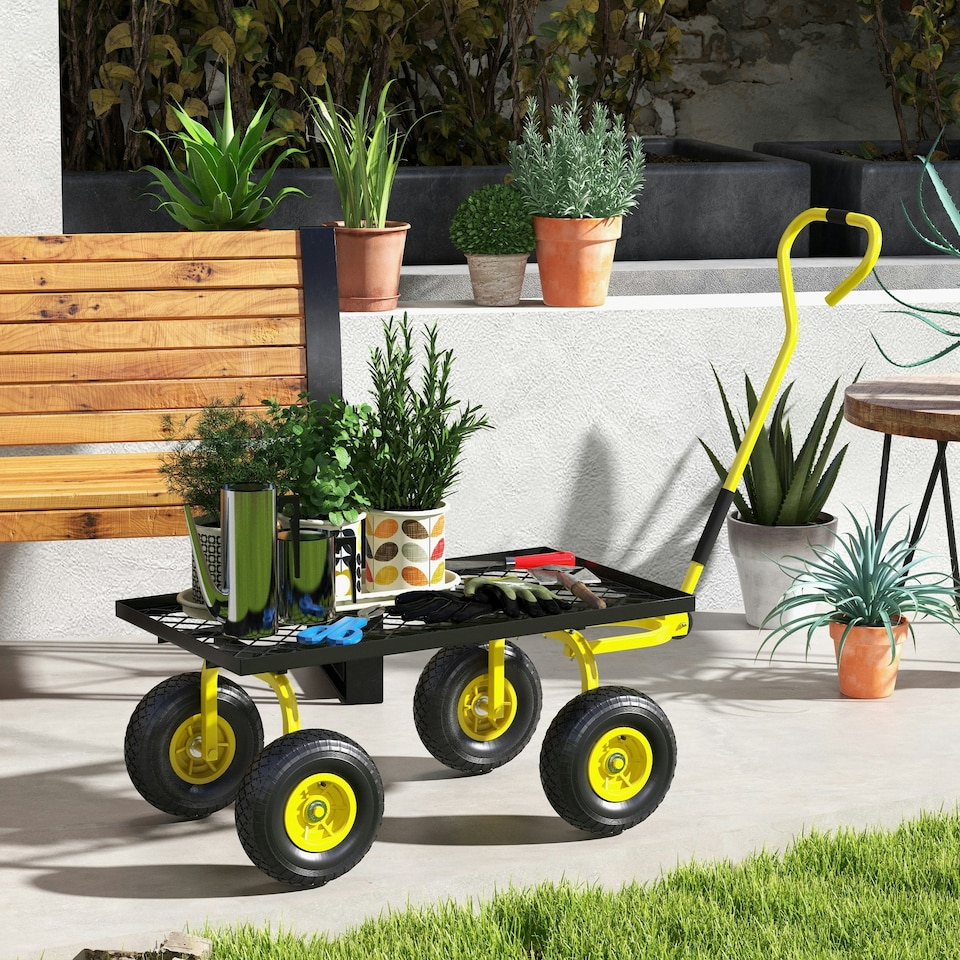 image 1 of Garden Trolley Cart with Pneumatic Wheels and Rotating Handle, Yellow