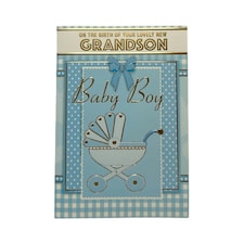 On Birth Of Grandson Blue Pram Design Congratulations Card