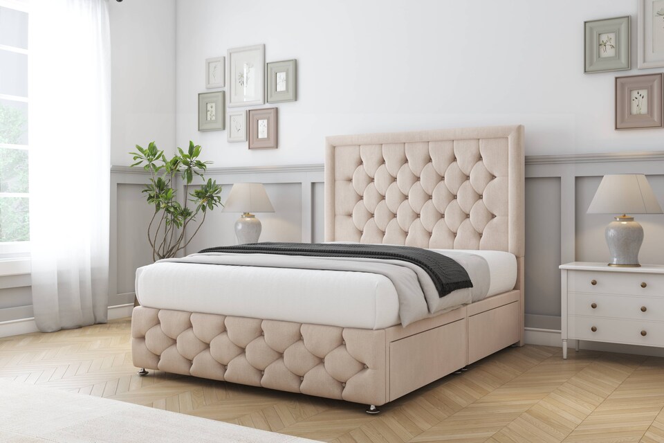 image 1 of Sloomy Vienna Sand Naples Divan Bed Base 2 Drawers Foot-End With 26 Inch Strutted Headboard & 12 Inch Matching Footboard | Cream | Sand | Double | 1