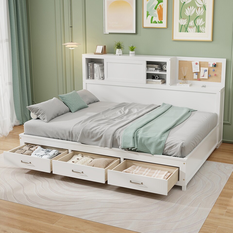image 1 of COSTWAY Single/Double Daybed Frame with 3 Drawers White