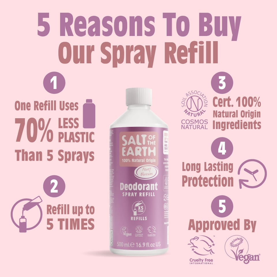 image 1 of Salt of the Earth Deodorant Spray Refill Peony Blossom Natural Origin Ingredients Vegan 500ml