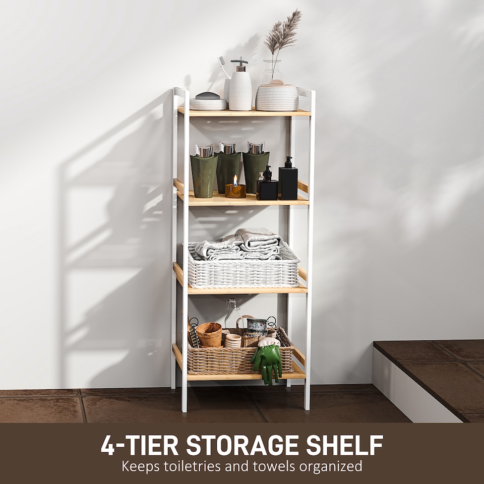 image 1 of HOMCOM 4-Tier Bamboo Bathroom Storage Shelf, Freestanding Shelving Unit with Adjustable Rack for Kitchen Bathroom Living Room, Natural and White