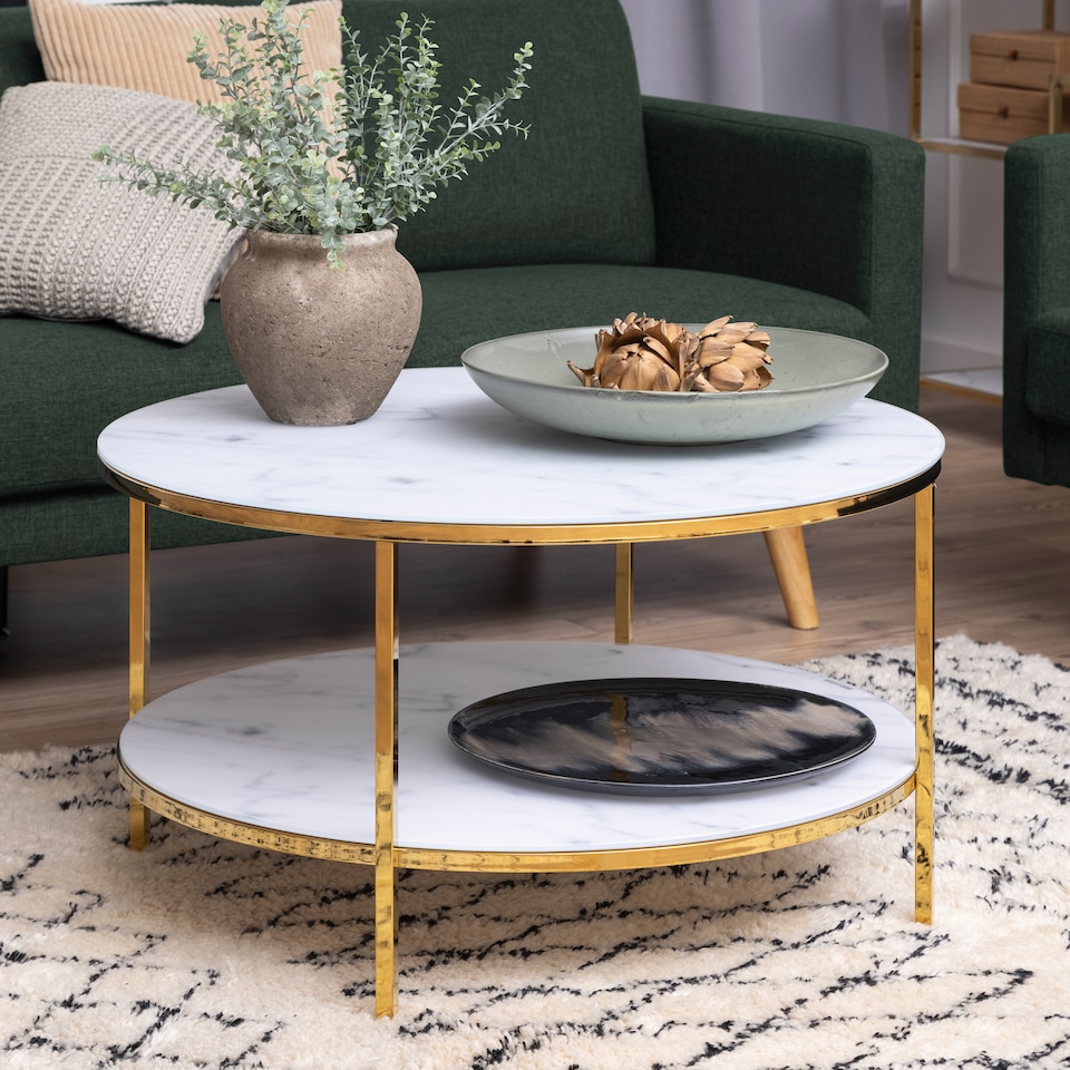 image 1 of Alisma Round Coffee Table with White Crystal Clear Marble Glass Top & Gold Legs