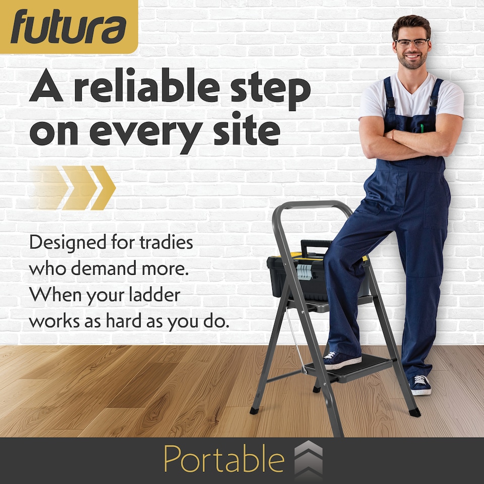 image 1 of Futura 2 Step Ladder Grey, Heavy-Duty Steel Folding Home DIY Step Stool with Wide Non-Slip Steps & Anti Slip Feet 150kg Capacity