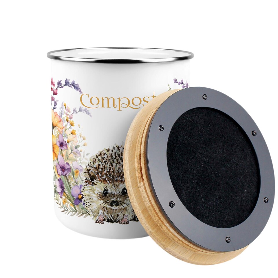 image 1 of Floral Hedgehog Compost Caddy - Metal 2L Decorative Kitchen Food Waste Bin