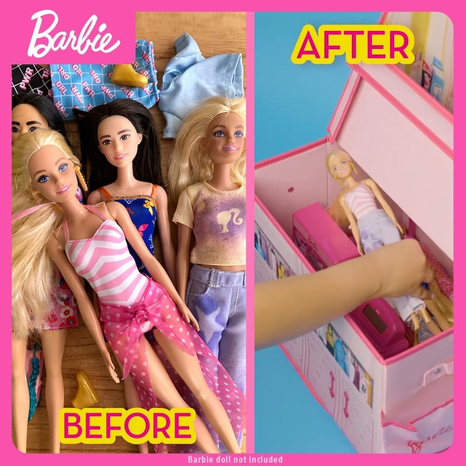 image 1 of Barbie Doll Storage Vanity Chest 2 in 1 Foldable Storage Box and Vanity Playset Stores 60 Dolls and Accessories Toy Organizer with Compartments and Pockets Barbie Toys for Girls Ages 4 | Pink | 1