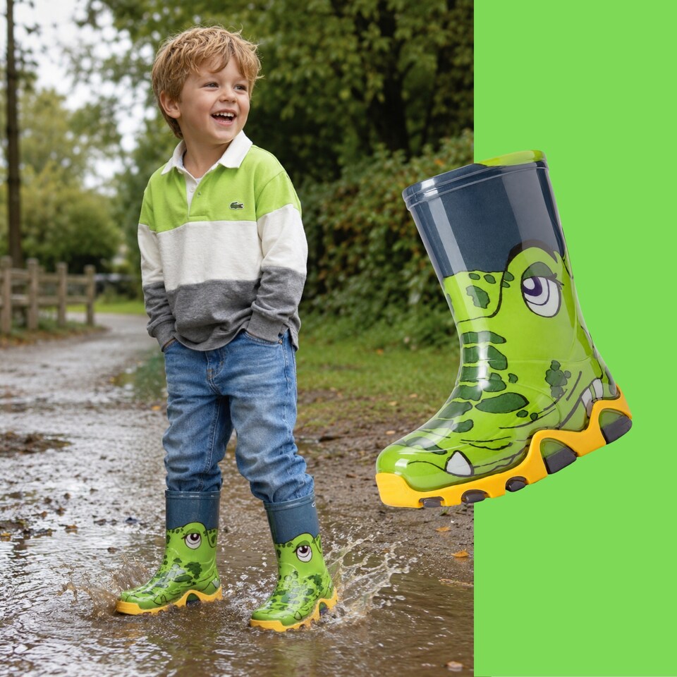 image 1 of Demar Stormer Reflective Kids' Wellies, Green Crocodile, EU 30/31