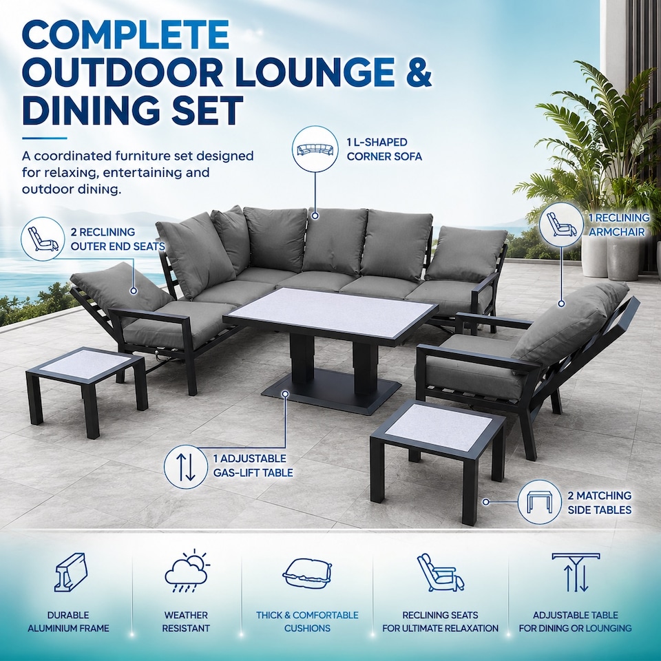 image 1 of Monte Carlo 7 Seater Aluminium Reclining Corner Garden Sofa Set with Gas Lift Table, Armchair & Grey Cushions