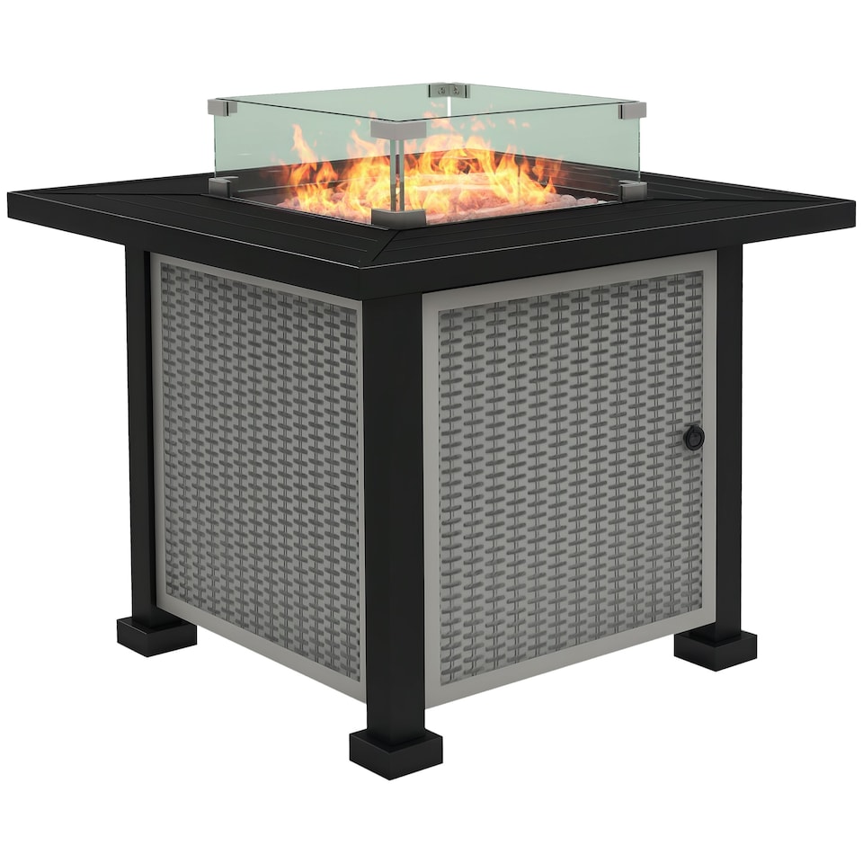 image 1 of Outsunny Square Propane Gas Fire Pit Table, 50000 BTU Rattan Smokeless Firepit Patio Heater with Glass Screen, Glass Beads and Lid, 81cm x 81cm x 64cm, Grey