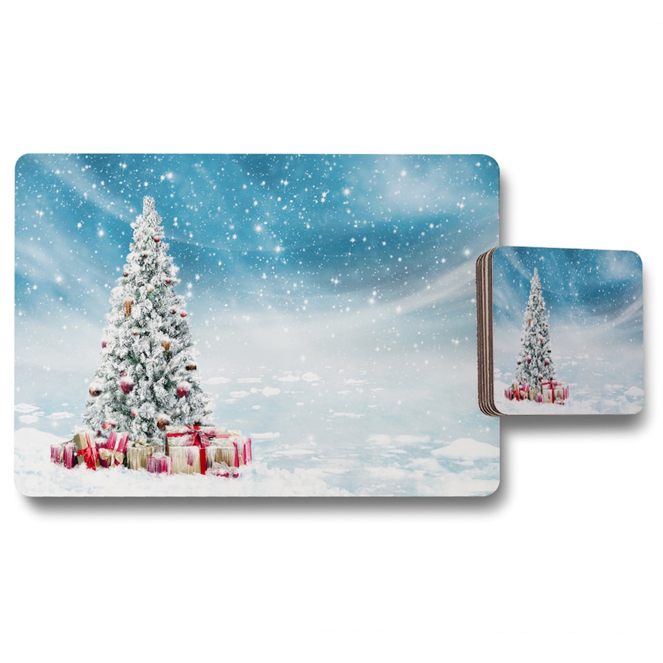 beautiful decorated snowed in christmas tree placemat coaster set | Multi