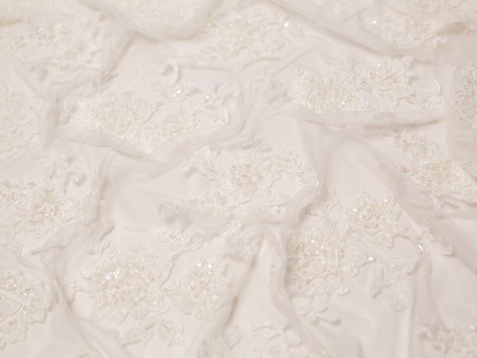 Minerva Core Range Cream Zara Beaded Lace Fabric for Bridal, Dressmaking, 130cm / 51" Wide - per metre