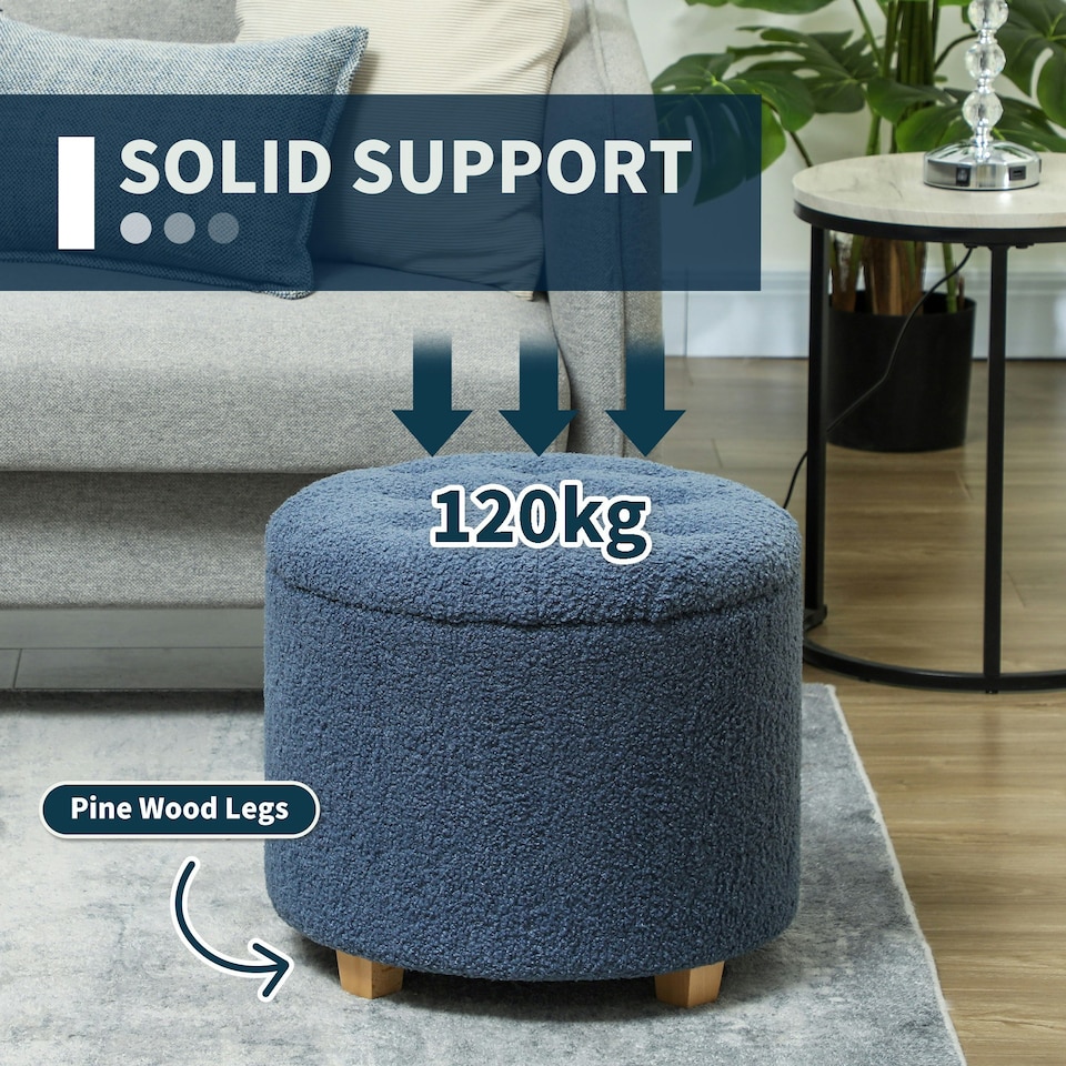 image 1 of HOMCOM 45cm Round Ottoman with Storage, Lid, Cashmere Footstool, Blue