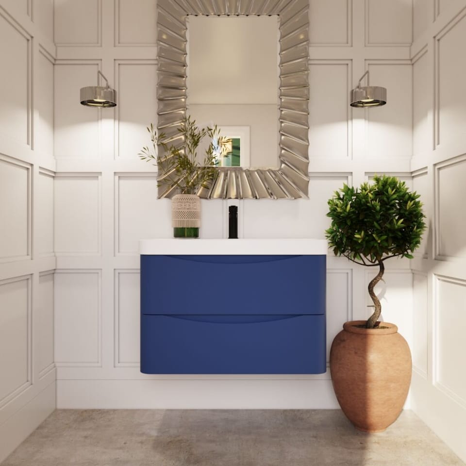 image 1 of Balterley Arch Modern Bathroom Wall Hung 2 Drawer Vanity Unit & Ceramic Basin | Blue | Satin Blue