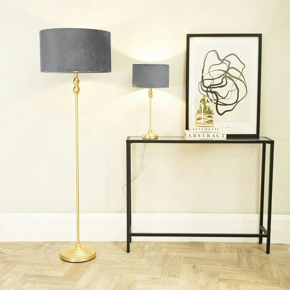image 1 of ValueLights Maggie Gold Metal Candlestick Slim Table Lamp with Grey Velvet Drum Lamp Shade