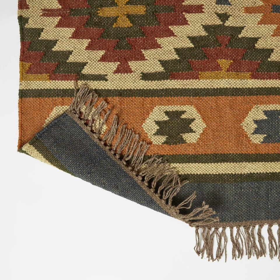image 1 of Homescapes Lucea Orange and Blue Kilim Wool Rug - 90 x 150 cm | Orange | 90 x 150 cm