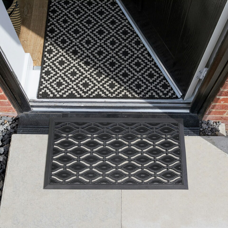 image 1 of JVL Elipses Eyes Heavy Duty Rubber Doormat 40x70cm, Black, Set of 2