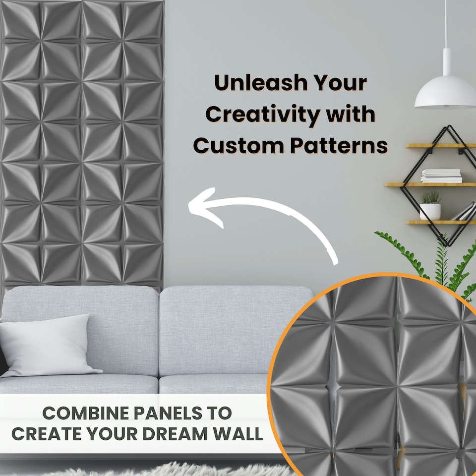 image 1 of NOVECRAFTO 3D Wall Panels – Quilted Fold Design – 6 PVC Sheets – 1.5m² (16.15sqft) – 50x50cm Decorative Interior Wall Cladding Panels Silver