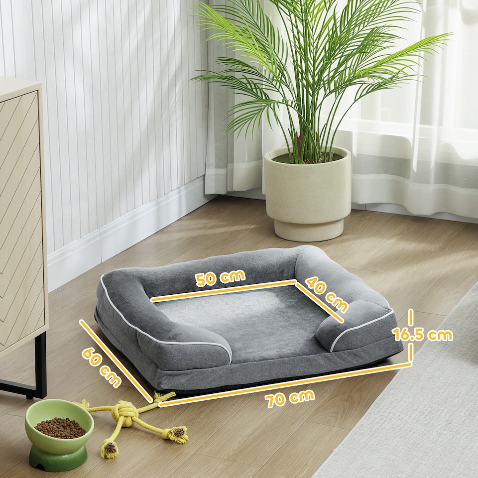 image 1 of PawHut Dog Sofa Bed, Washable Soft Plush Pet Bed with Removable Flannel Cover and Non-Slip Bottom, Anti-Anxiety for Cats and Small Dogs, 70 x 60 x 16.5 cm, Grey | Grey | S