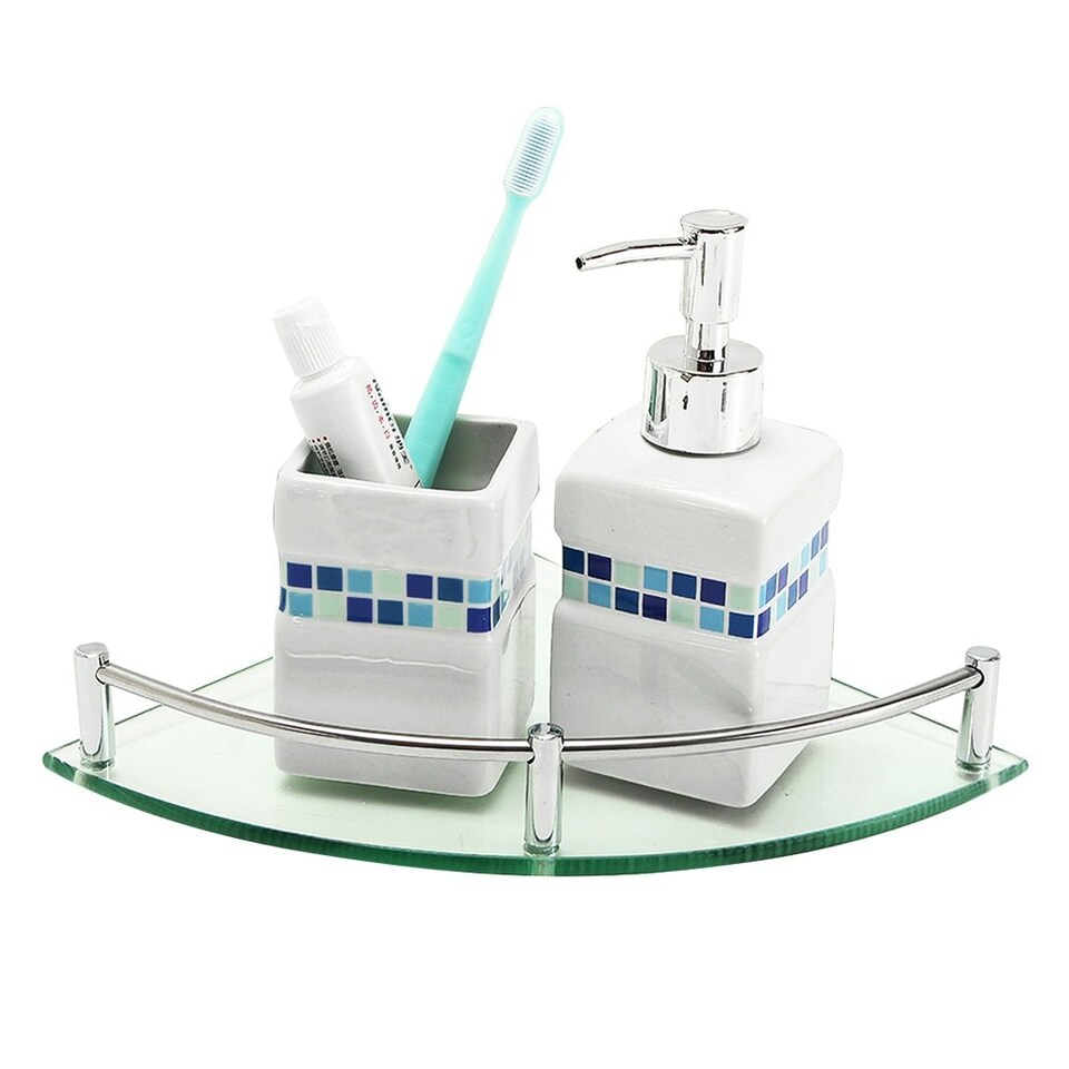 image 1 of Living and Home 1 Tier Bathroom Glass Corner Shelf Wall Mounted - 20*20cm