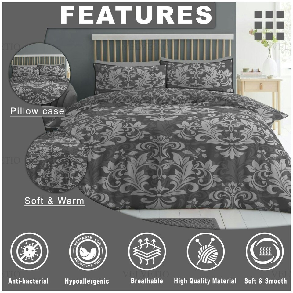 image 1 of VELVETIO Ananias Damask Complete Duvet Cover Set with Fitted Sheet Printed Bedding Quilt Grey | Single