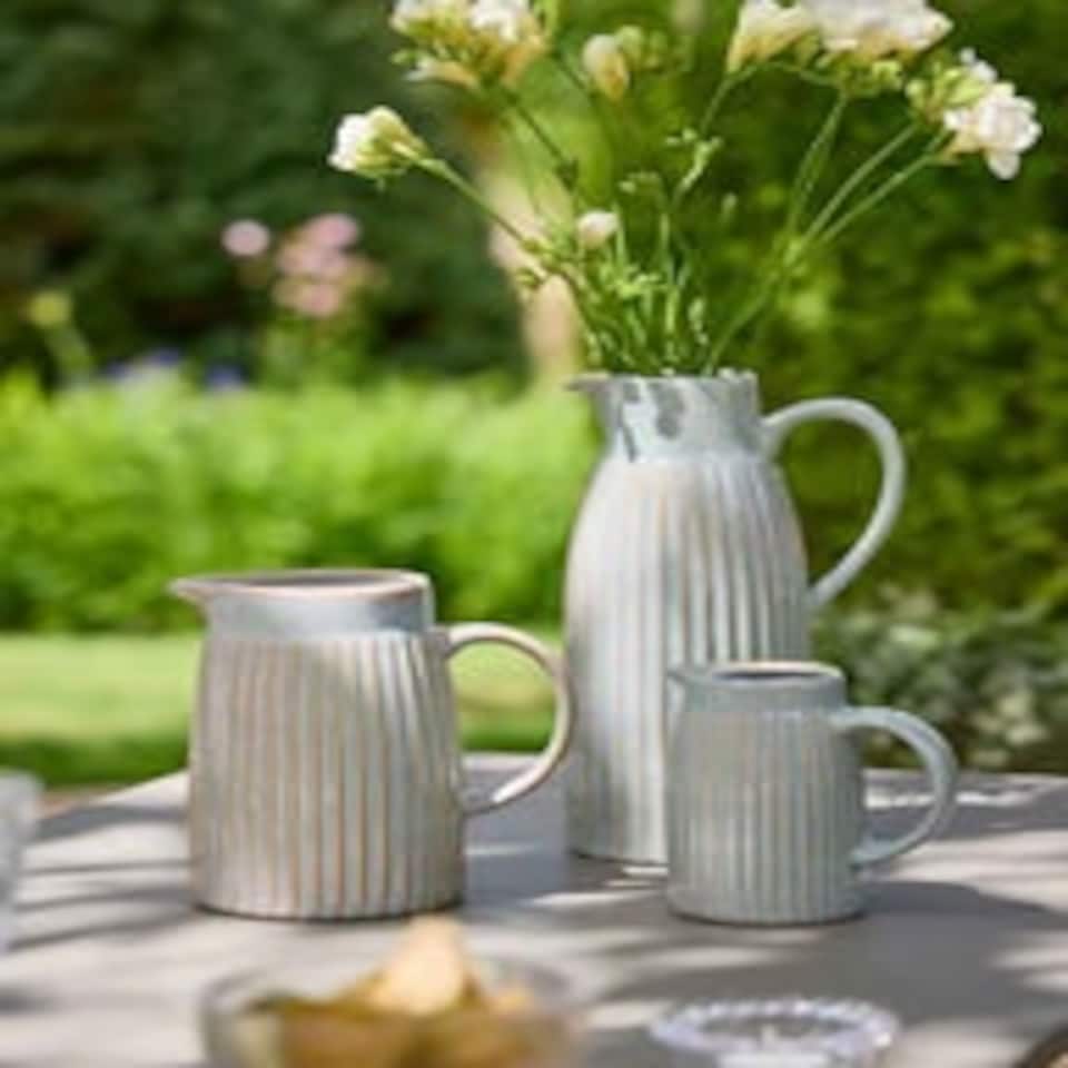 image 1 of Ceramic Pitcher Jug Vase Rippled Finish Shabby Chic Vintage Style Flower Vase Decorative Stoneware Glazed Floral Jug Planter Blue