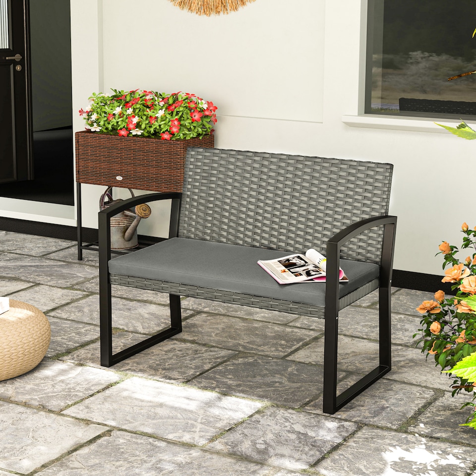image 1 of Outsunny 2 Seater Rattan Garden Bench with Cushion, Steel Frame, Light Grey