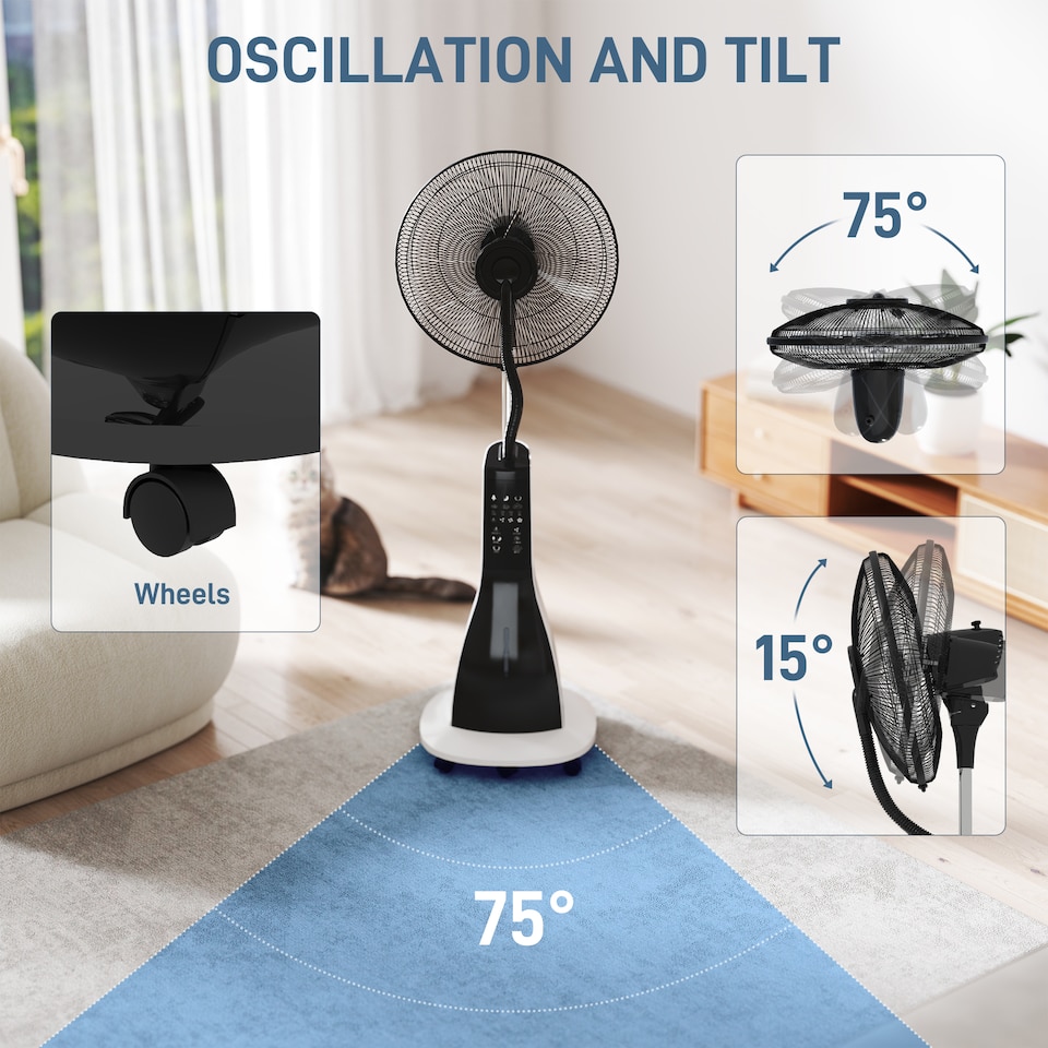 image 1 of HOMCOM Pedestal Fan with Water Mist Spray, Spray Misting Fan with 75 Oscillation, Remote Control, Tilt Head, 3 Speeds, 3 Modes, 3 Mist, 3L Water Tank, Wheels, for Home, 125 cm