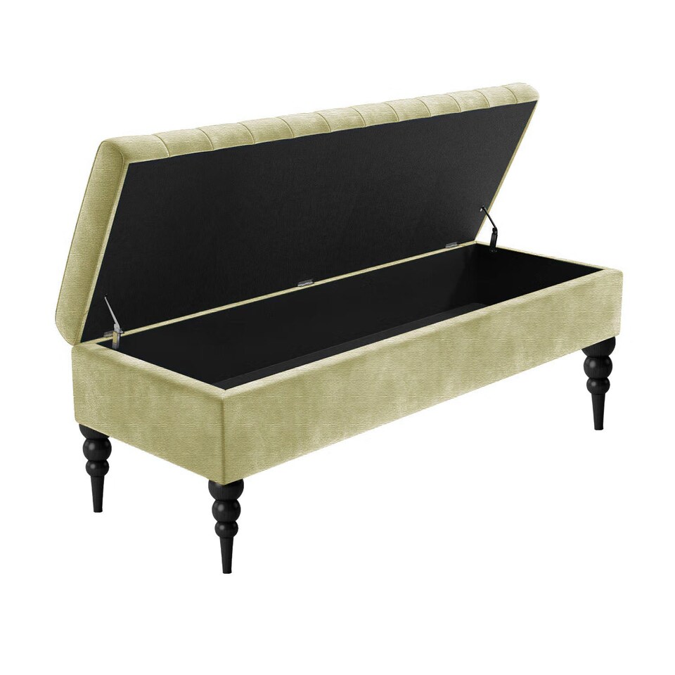 image 1 of 150cm Sierra Striped Naples Upholstered Ottoman Storage Bench with Black Turned Wooden Legs - Beige Shoes Storage Bench