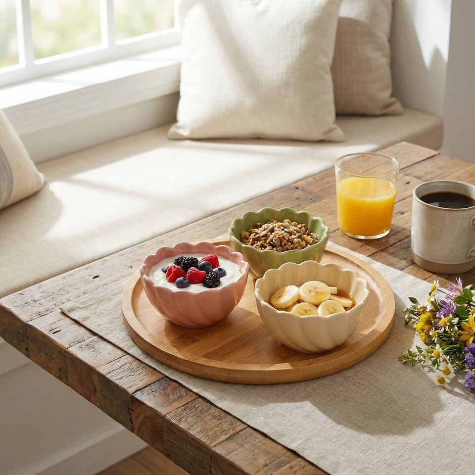 image 1 of Ceramic Bowl Set Flower Shape Pastel Serving Modern Dish Set | Multi | Multicoloured | 4 Pcs | 1