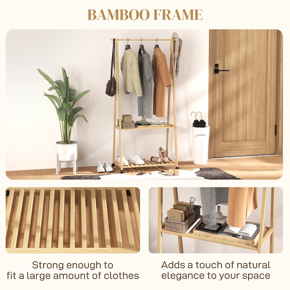 image 1 of HOMCOM Bamboo Clothes Rail Rack with 2 Storage Shelves and 2 Hooks, Freestanding Open Wardrobe Coat Stand with Wheels for Entryway, Bedroom, Natural Wood Effect