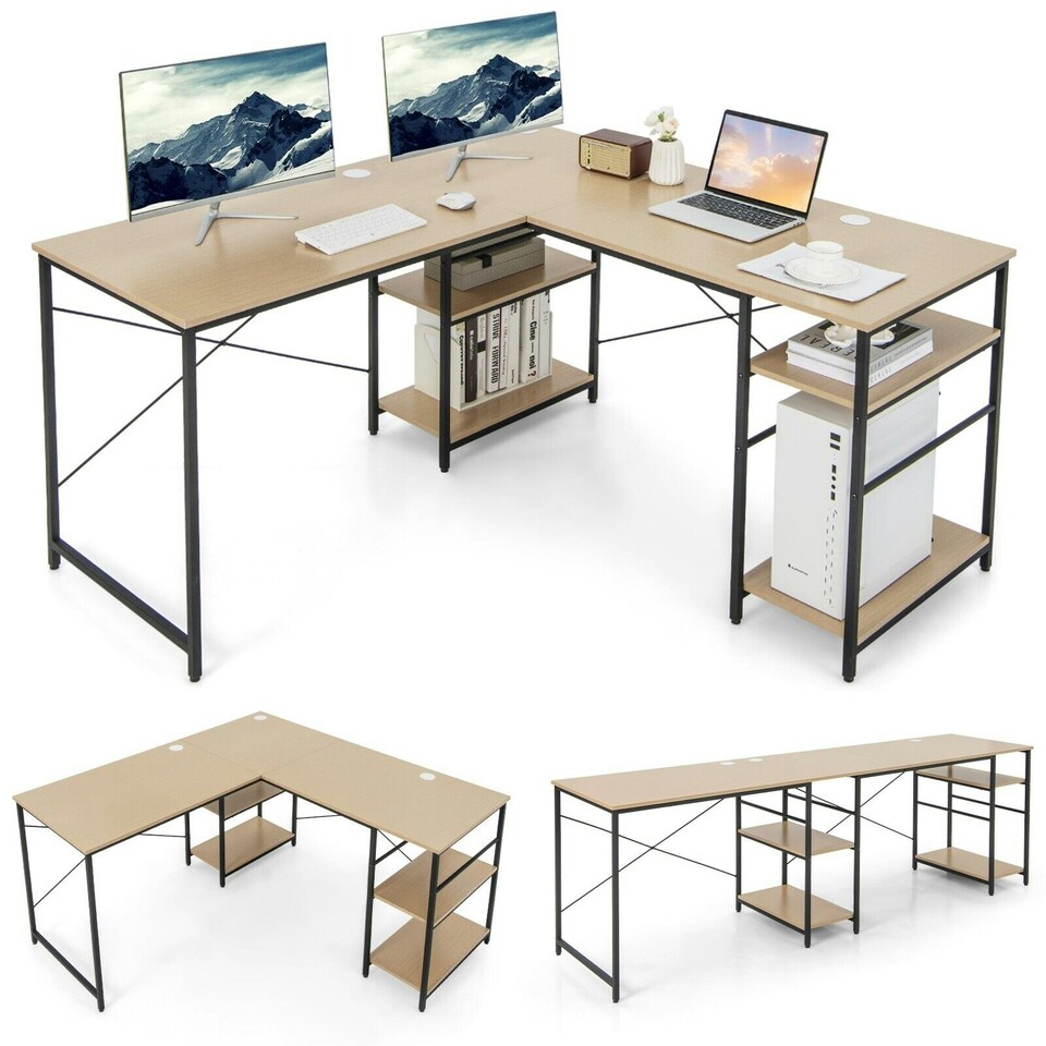 image 1 of COSTWAY L-Shaped Computer Desk Writing Desk Workstation Natural N/A