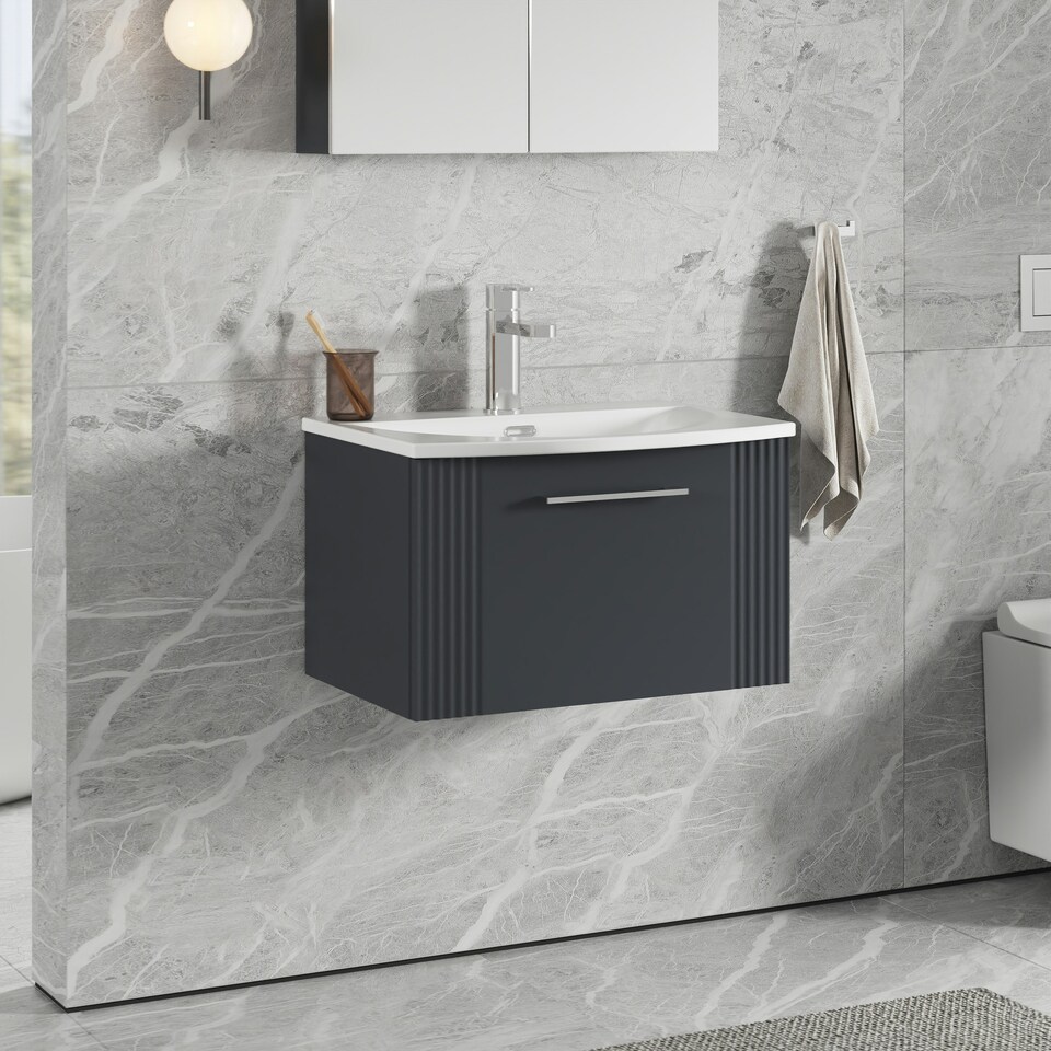 image 1 of Retro 1 Drawer Wall Hung Vanity Unit with Curved 1 Tap Hole Ceramic Basin - 600mm - Satin Dark Grey - Balterley Grey