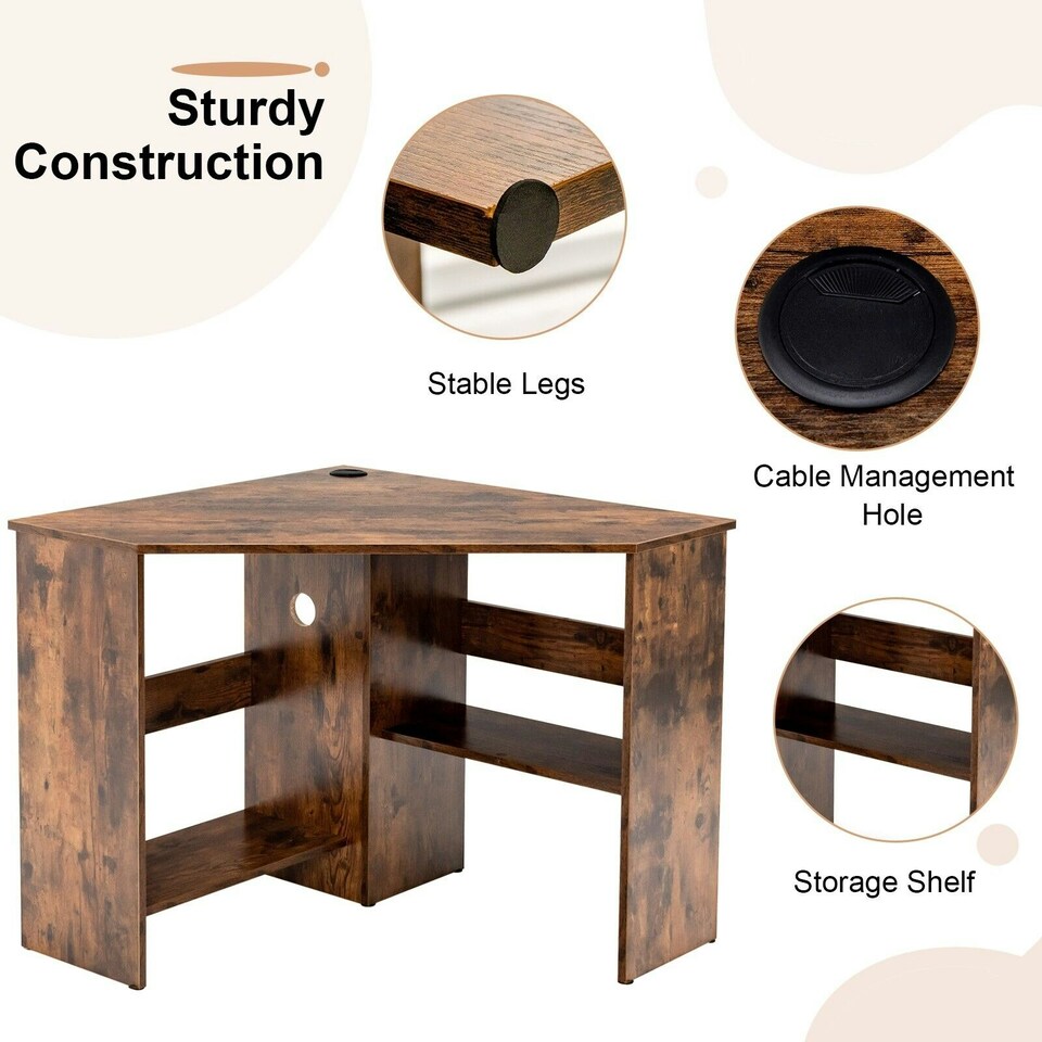 image 1 of COSTWAY Corner Desk Computer Table Workstation w/ Shelves Brown Brown
