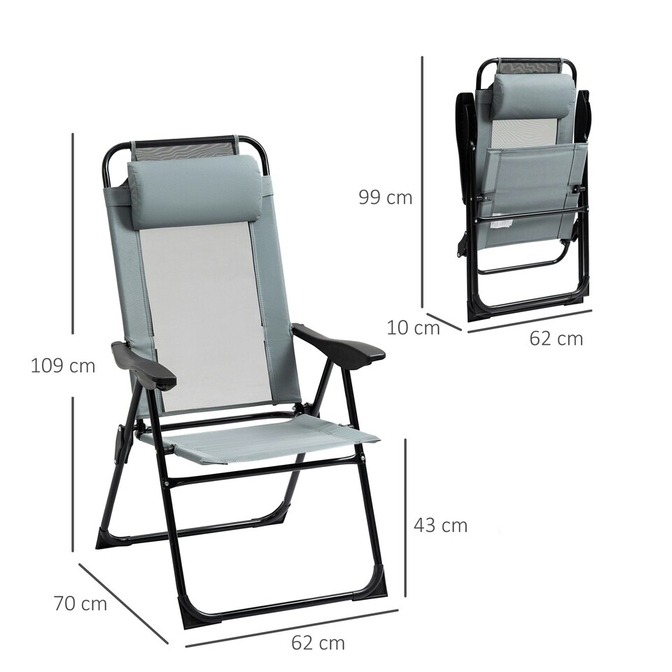 image 1 of Outsunny Set of 2 Metal Portable Folding Recliner with Adjustable Grey