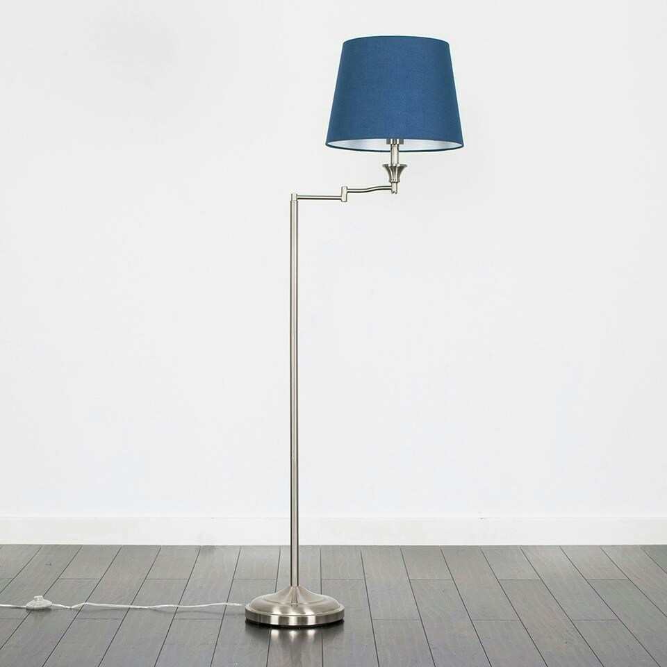 image 1 of ValueLights Sinatra Adjustable Swing Arm Floor Lamp In Brushed Chrome Finish with Blue Tapered Light Shade with LED GLS Bulb
