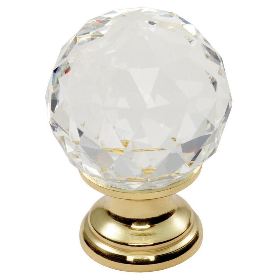 image 1 of 4x Faceted Crystal Cupboard Door Knob 31mm Dia Polished Brass Cabinet Handle