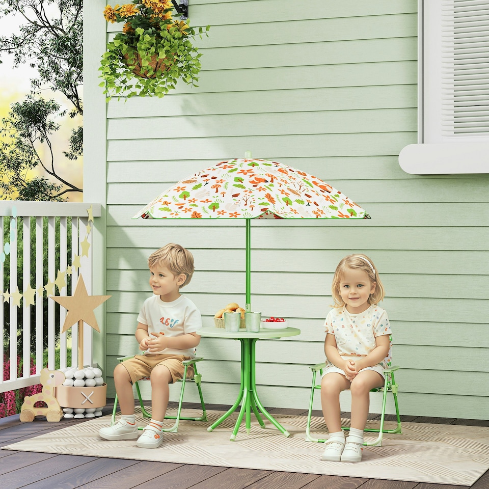 image 1 of AIYAPLAY Kids Garden Table and Chair Set, Outdoor Patio Set w/ Parasol, Pink