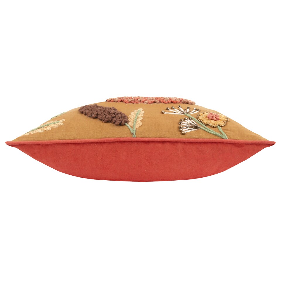 image 1 of Wylder Mushroom Dell Embroidered Cotton Cushion, Autumn Gold, 45 x 45cm