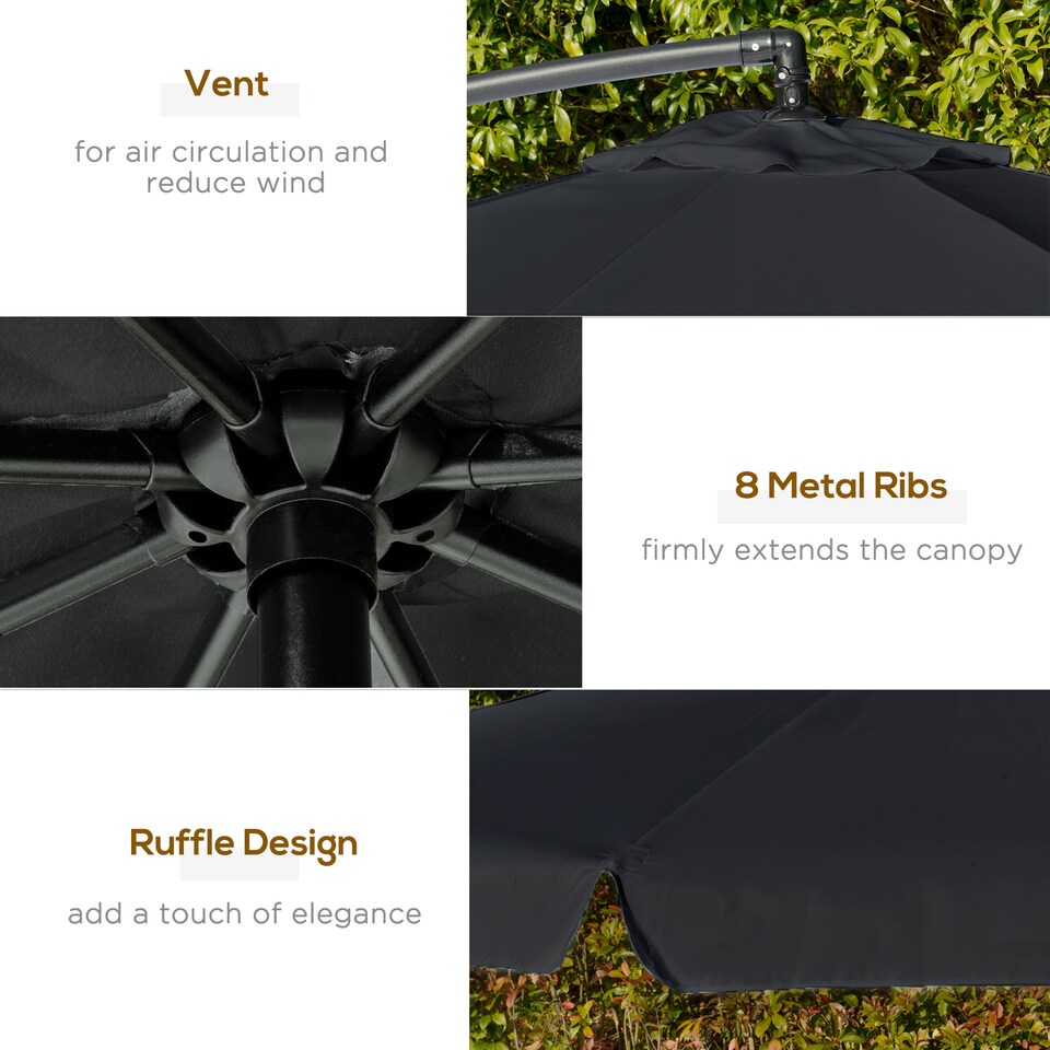 image 1 of Outsunny 2.7m Garden Banana Parasol Cantilever Umbrella with Crank Handle and Cross Base for Outdoor, Hanging Sun Shade, Black