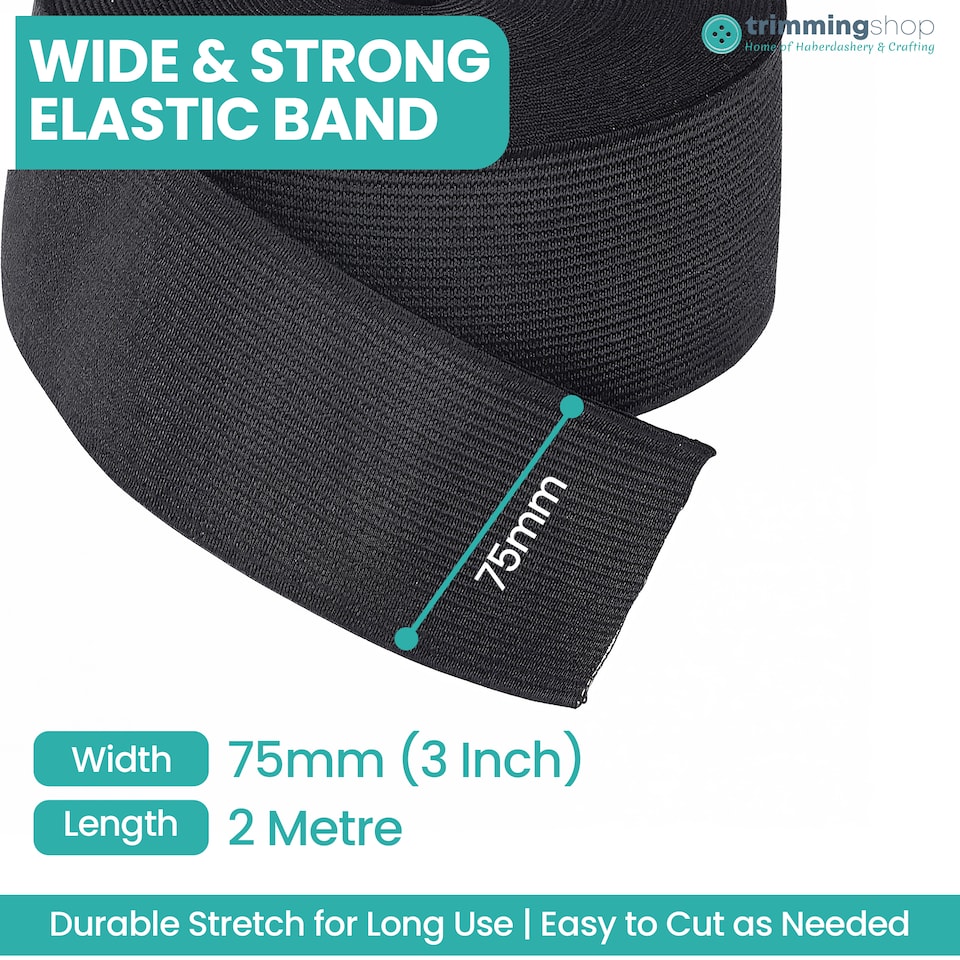 image 1 of 75mm Black Wide Flat Elastic Band, Polyester Elastic Cord - 2M