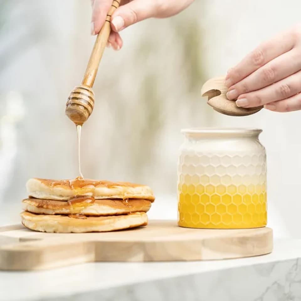 image 1 of Honey Jar: Honey Combe Honey Jar with Honey Dipper, Ceramic