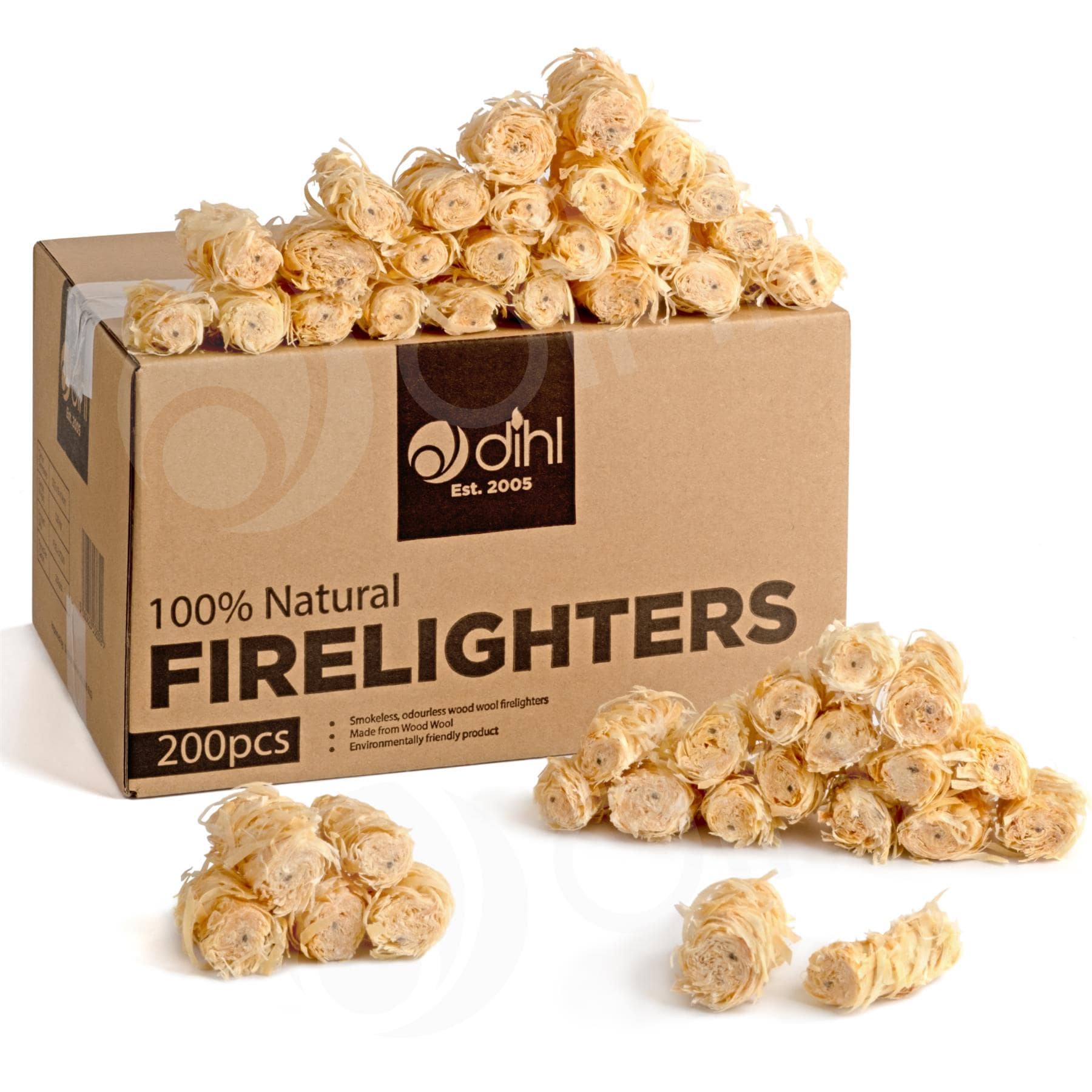 Dihl 200 x Natural Fire Lighters, Quick Wax 200pcs Wood Wool Flame Fire Starters, Safe to Use. Ideal for BBQ, Barbecue, Fire Pit, Pizza Oven and Stoves Lighter Firelighters – 200 Pack