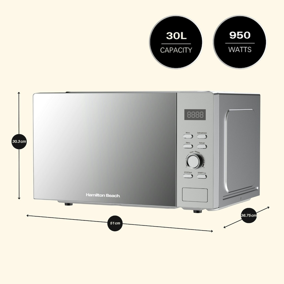 image 1 of Hamilton Beach Microwave, 30L, 950W, Family-Size, Digital Controls, 8 Pre-Set Programs, 5 Power Levels, Large Capacity, Defrost Function, Child Lock, Silver