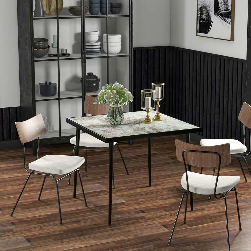 image 1 of Outsunny Outdoor Dining Table for 4 with Marble Effect Tempered Glass Top White