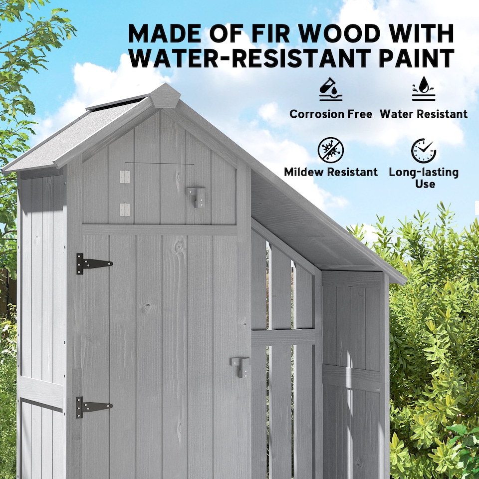 image 1 of Outsunny Fir Garden Storage Shed With Shelves Log Rack, For Garden Tools | Grey | Grey and Black