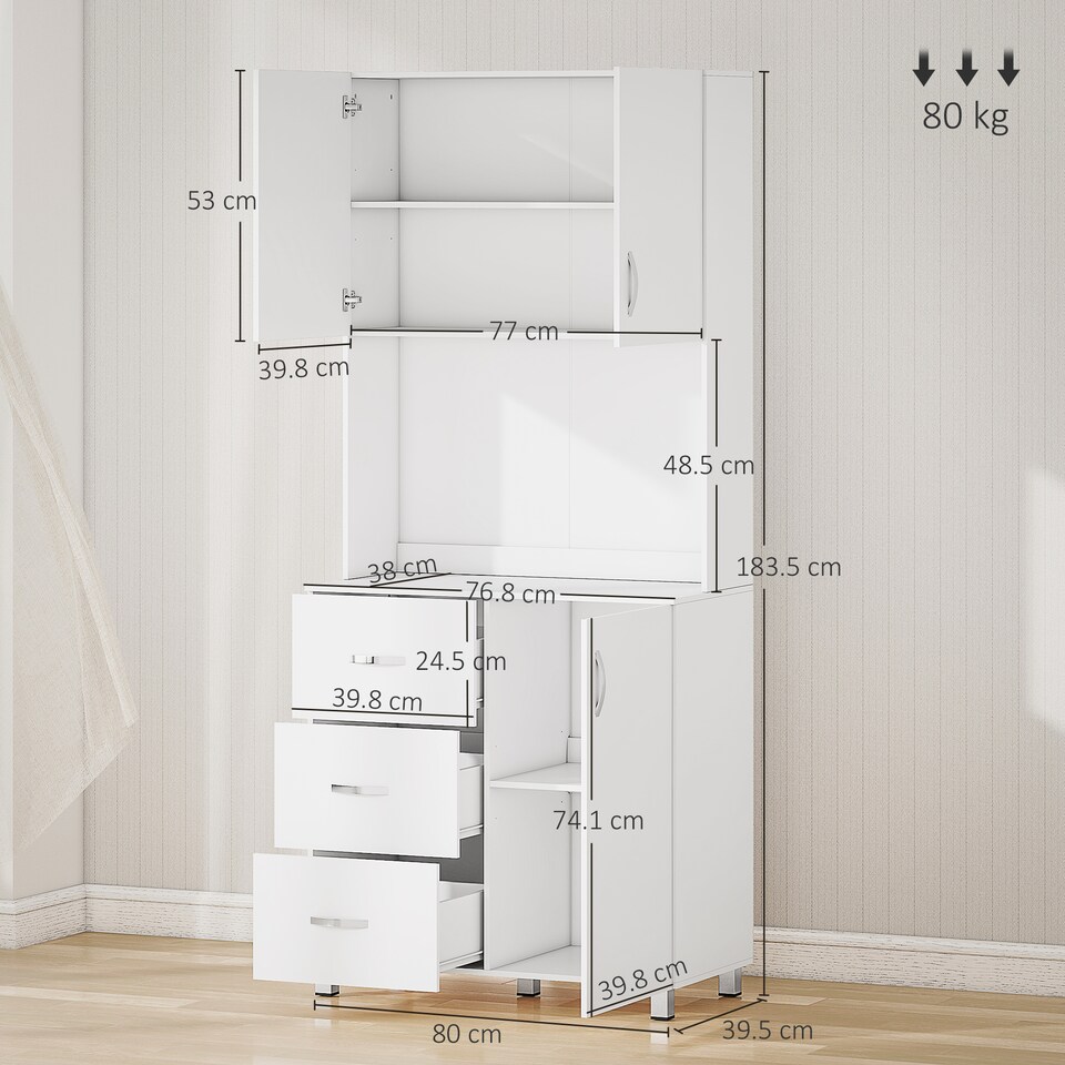image 1 of HOMCOM 183.5cm Kitchen Storage Cabinet Wooden Cupboard Organiser, White