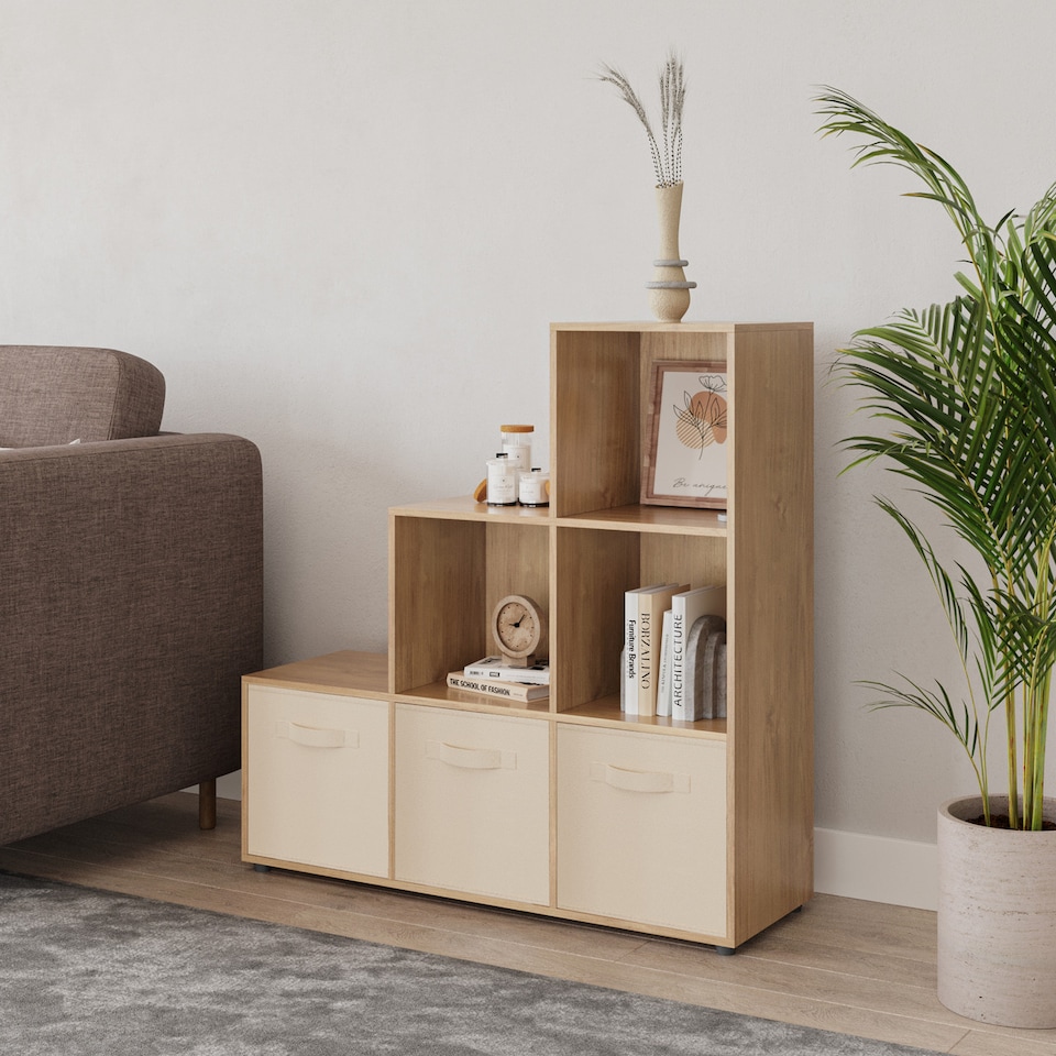 6-Cube Step Shelving Unit With Non Woven Inserts | Brown | Oak & Cream ...
